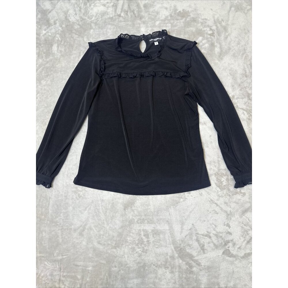 Women’s Karl Lagerfeld Blouse Ruffled Lined Black Size Small - Picture 2 of 12